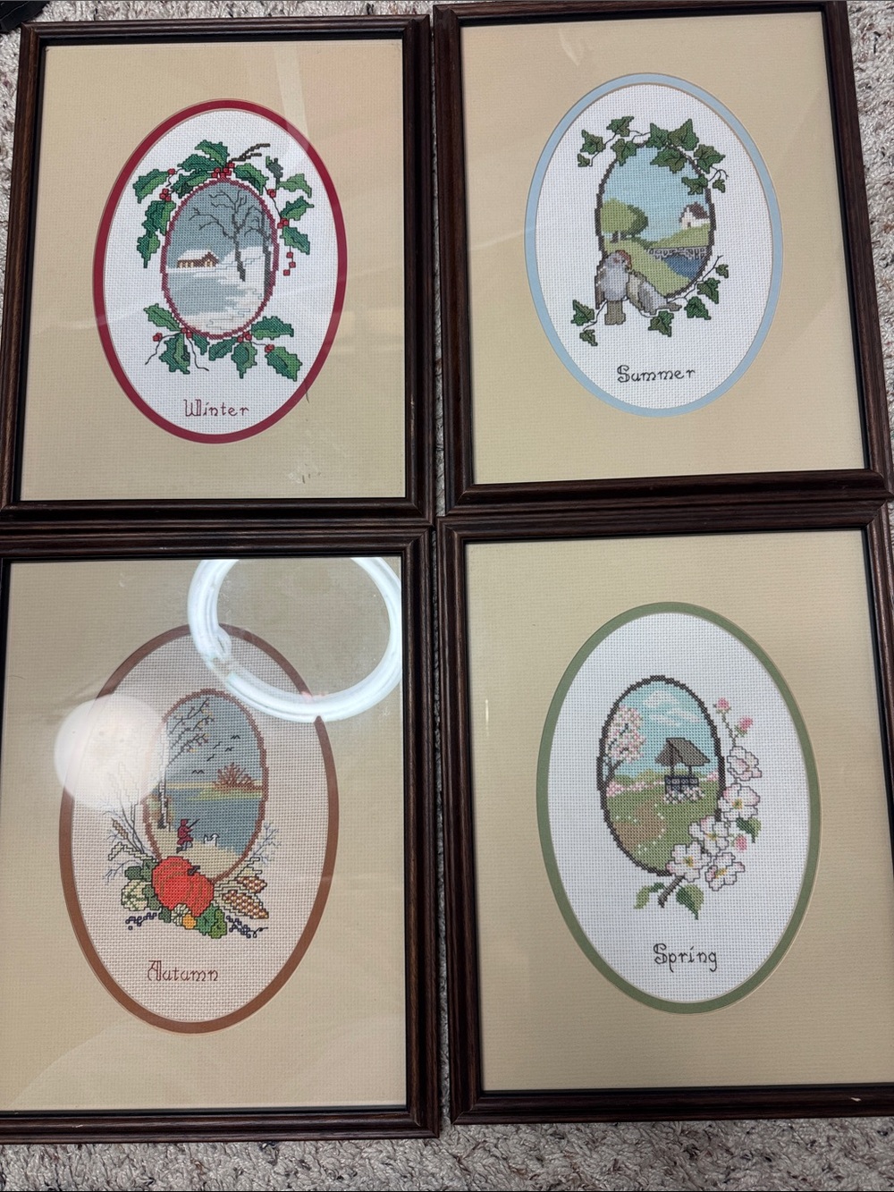 Vintage needlepoint seasons set of 4 framed